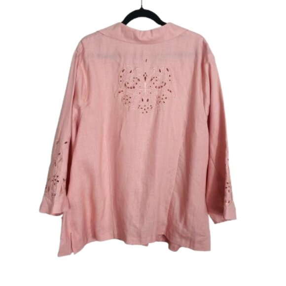 Lucy Pereda NEW 100% Linen Embroidered Cutout Button Down Shirt Size 24W Pink - Picture 3 of 7